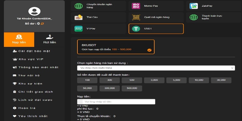 Nạp tiền 8KBET bằng USDT
